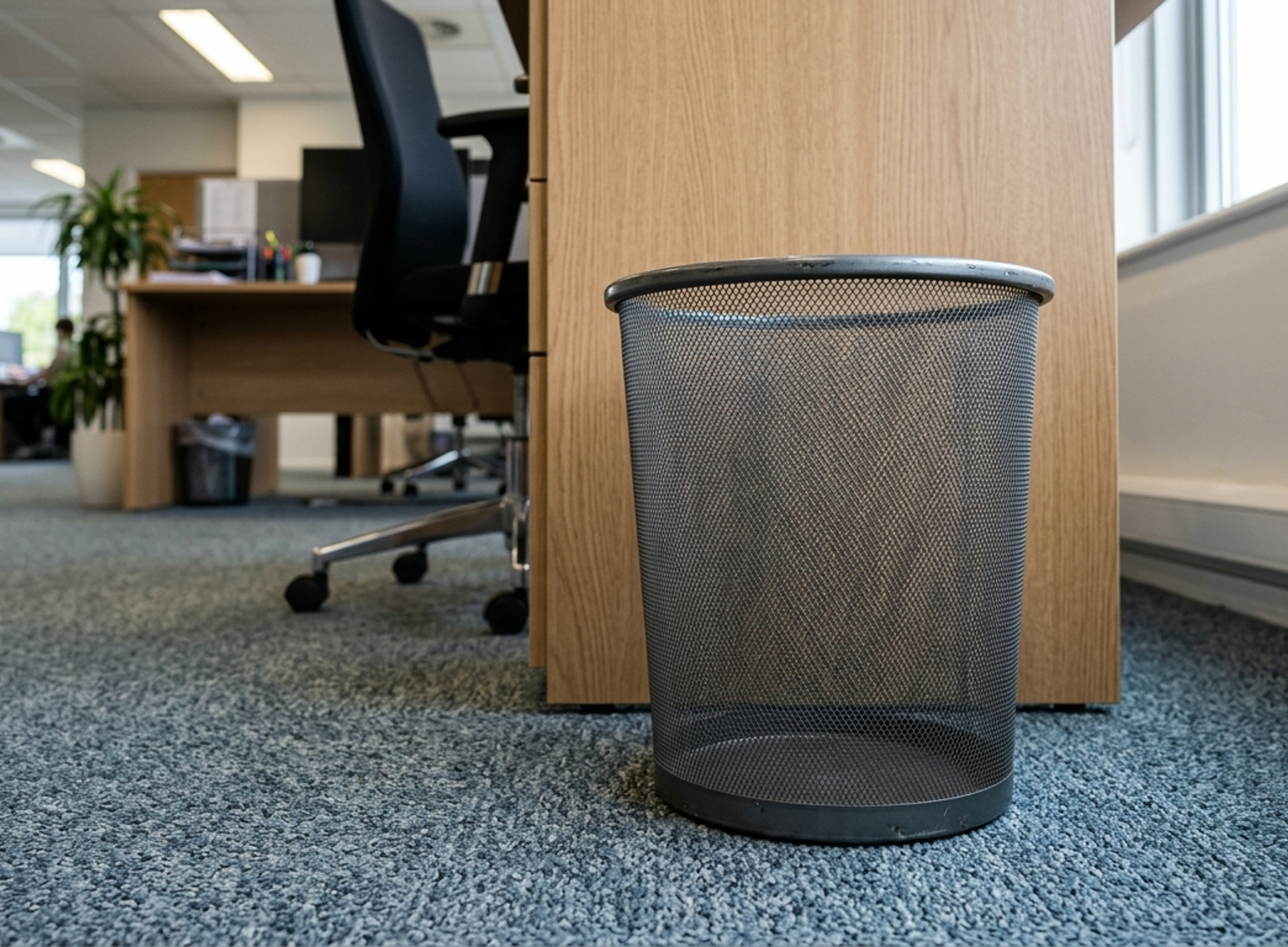 Image of an empty small metal bin positioned in a clean office 